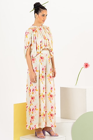 Mint Printed Pleated Pant Set by Khushbu Rathod