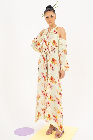 Mint Printed Cold Shoulder Maxi Dress by Khushbu Rathod