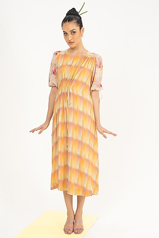 Yellow & White Printed Midi Dress by Khushbu Rathod
