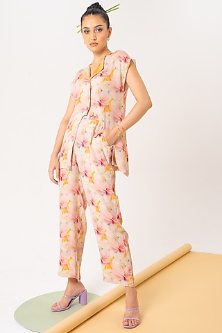 Cloud White Printed Pant Set by Khushbu Rathod