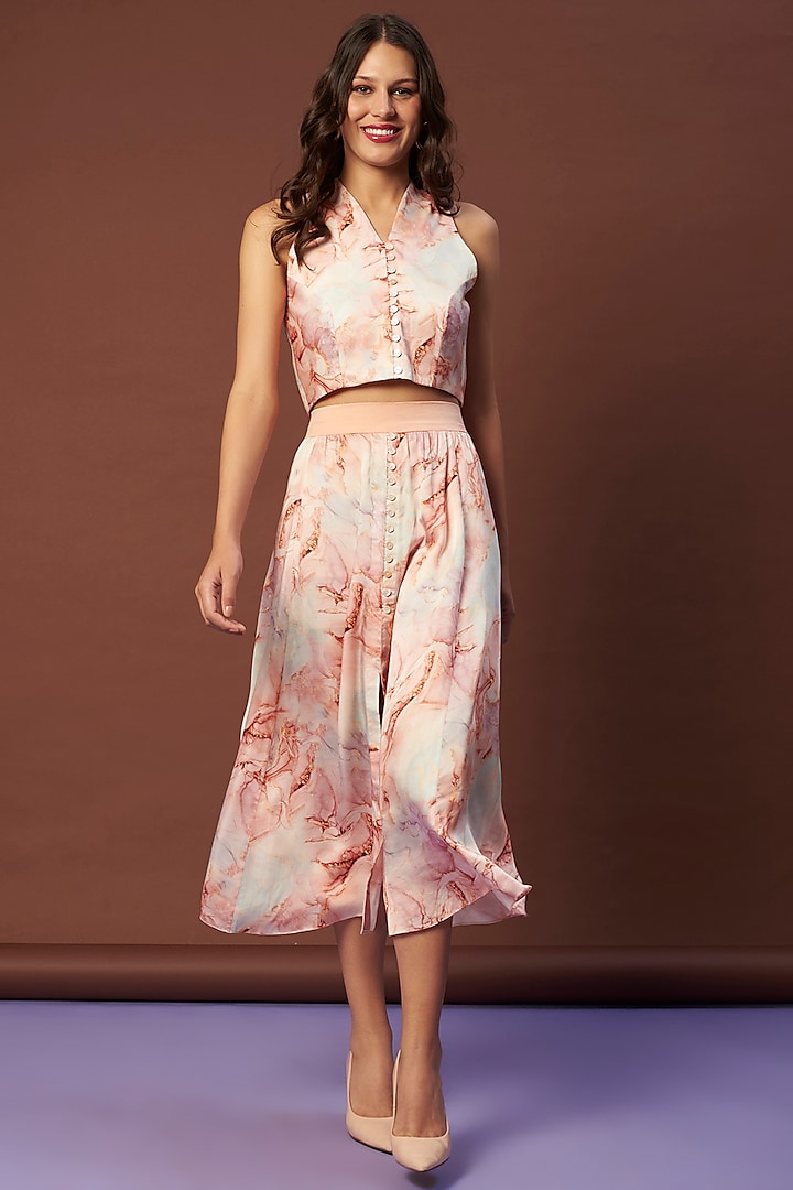 Peach Marble Printed Skirt Set by Khushbu Rathod at Pernia's Pop Up Shop