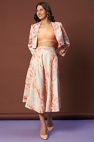 Peach Printed Blazer Set by Khushbu Rathod