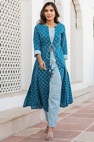 Queen Blue Hand Block Printed Jacket Kurta Set by Kohsh
