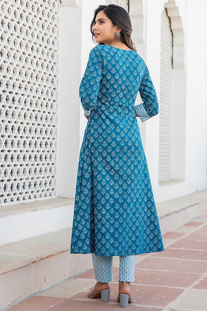 Queen Blue Hand Block Printed Jacket Kurta Set by Kohsh at Pernia's Pop Up Shop