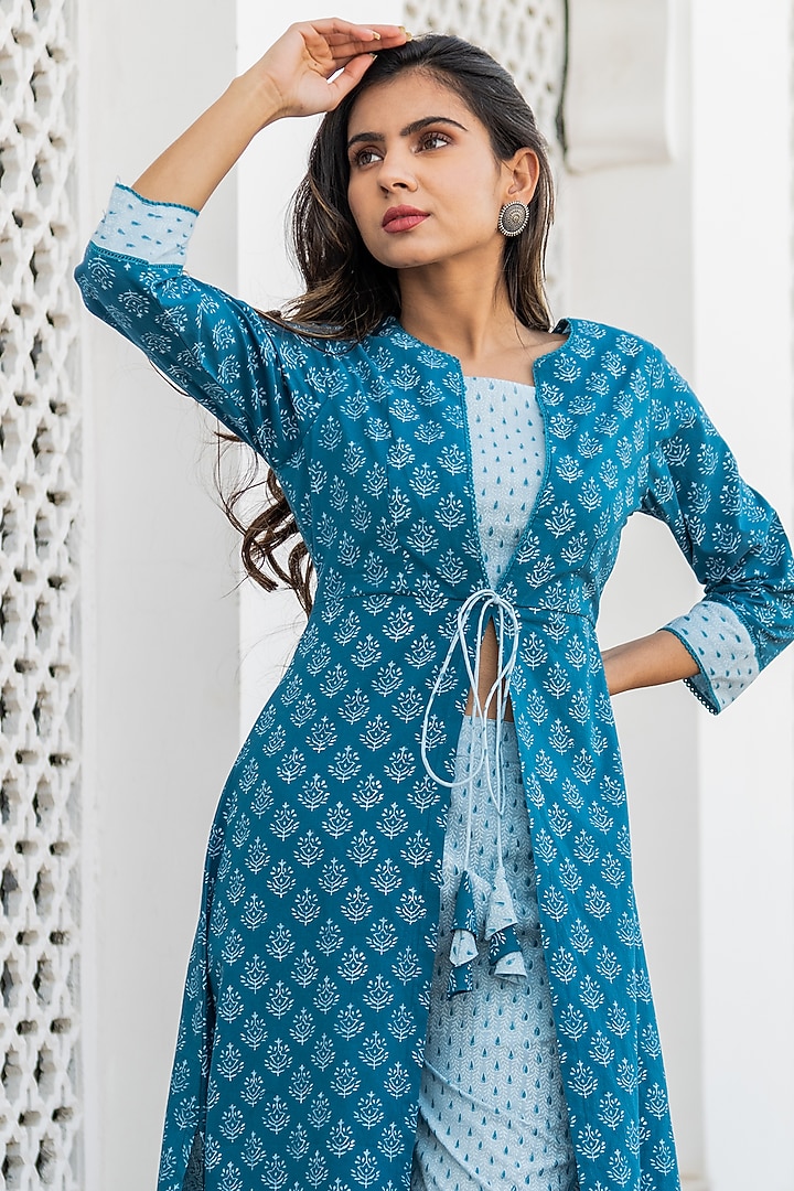 Queen Blue Hand Block Printed Jacket Kurta Set by Kohsh at Pernia's Pop Up Shop