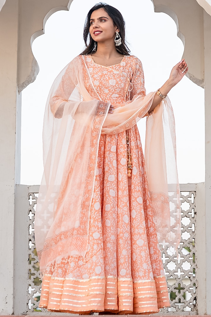 Pastel Peach Printed Angrakha Anarkali Set by Kohsh