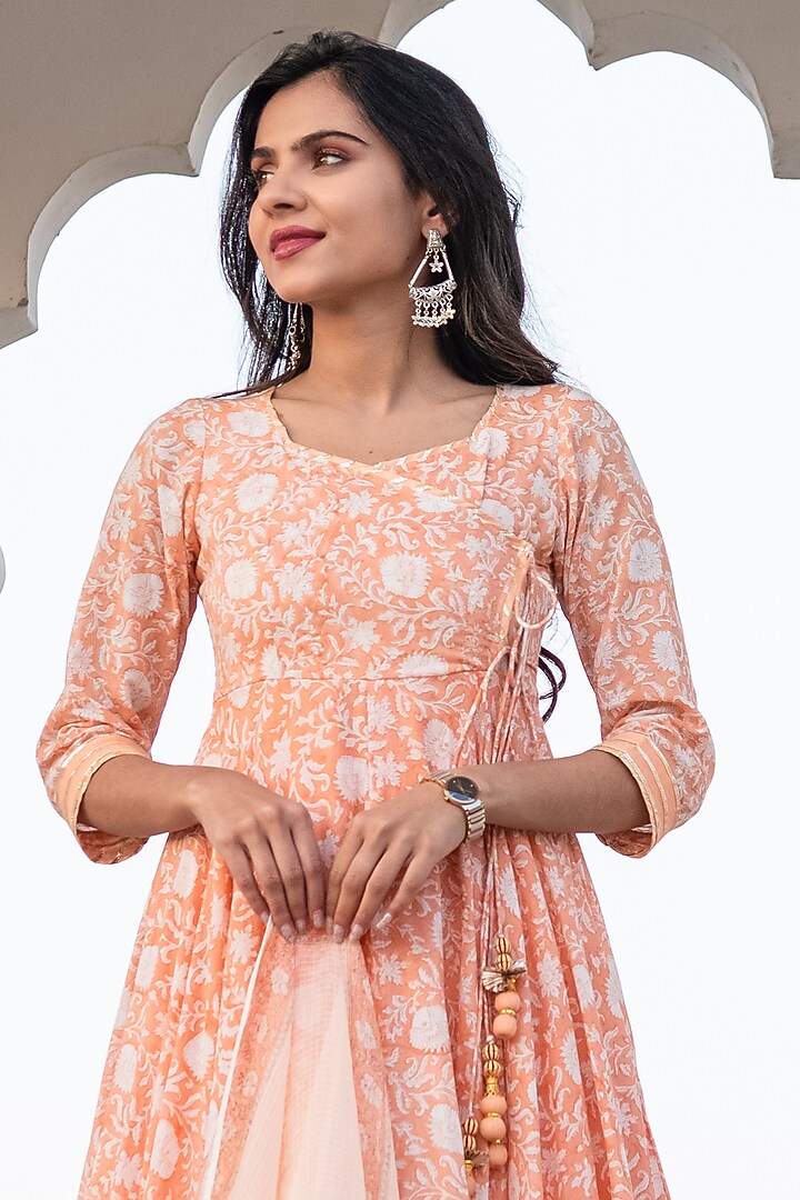 Pastel Peach Printed Angrakha Anarkali Set by Kohsh at Pernia's Pop Up Shop