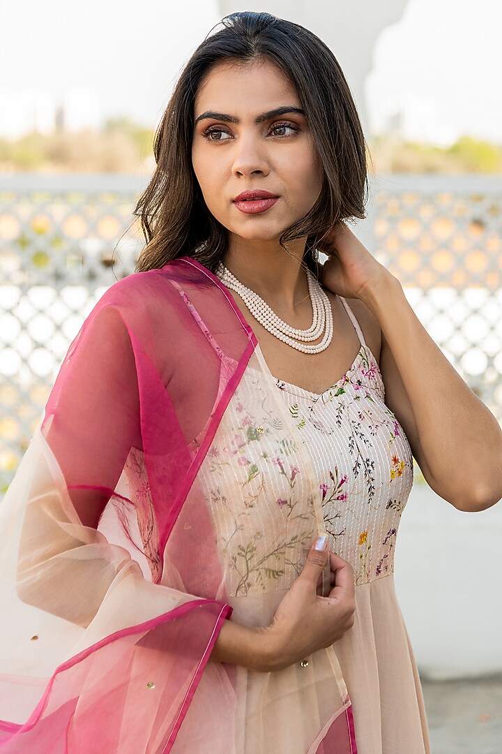 Beige Viscose & Cotton Long Flowy Kurta Set by Kohsh at Pernia's Pop Up Shop