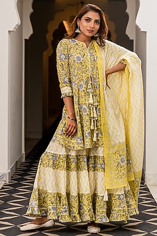 Pear Yellow Flowy-Tiered Sharara Set by Kohsh