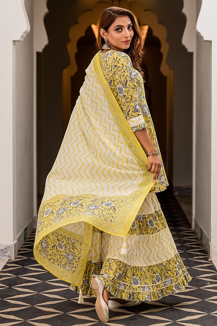 Pear Yellow Flowy-Tiered Sharara Set by Kohsh at Pernia's Pop Up Shop