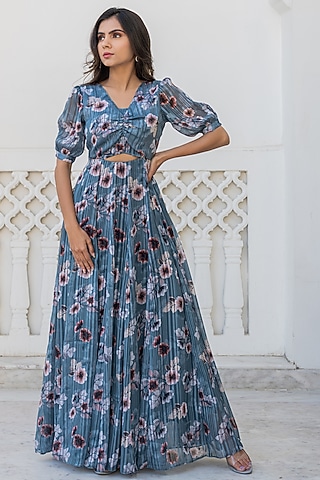 Bluish-Grey Floral Printed Gown by Kohsh