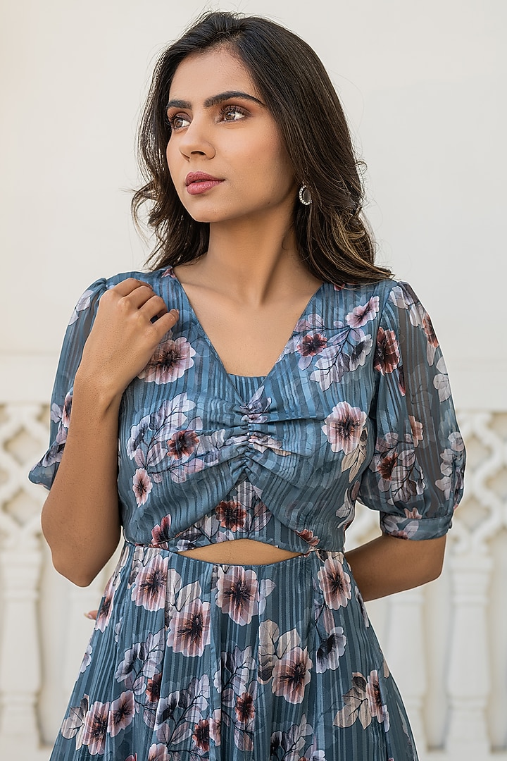 Bluish-Grey Floral Printed Gown by Kohsh at Pernia's Pop Up Shop
