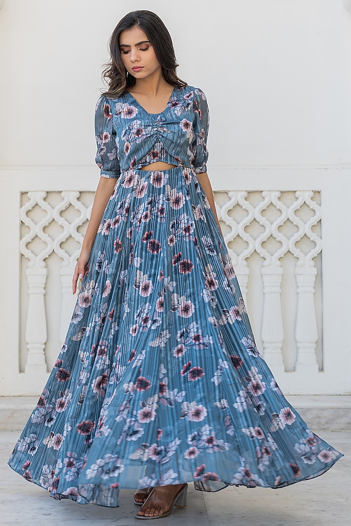 Bluish-Grey Floral Printed Gown by Kohsh at Pernia's Pop Up Shop