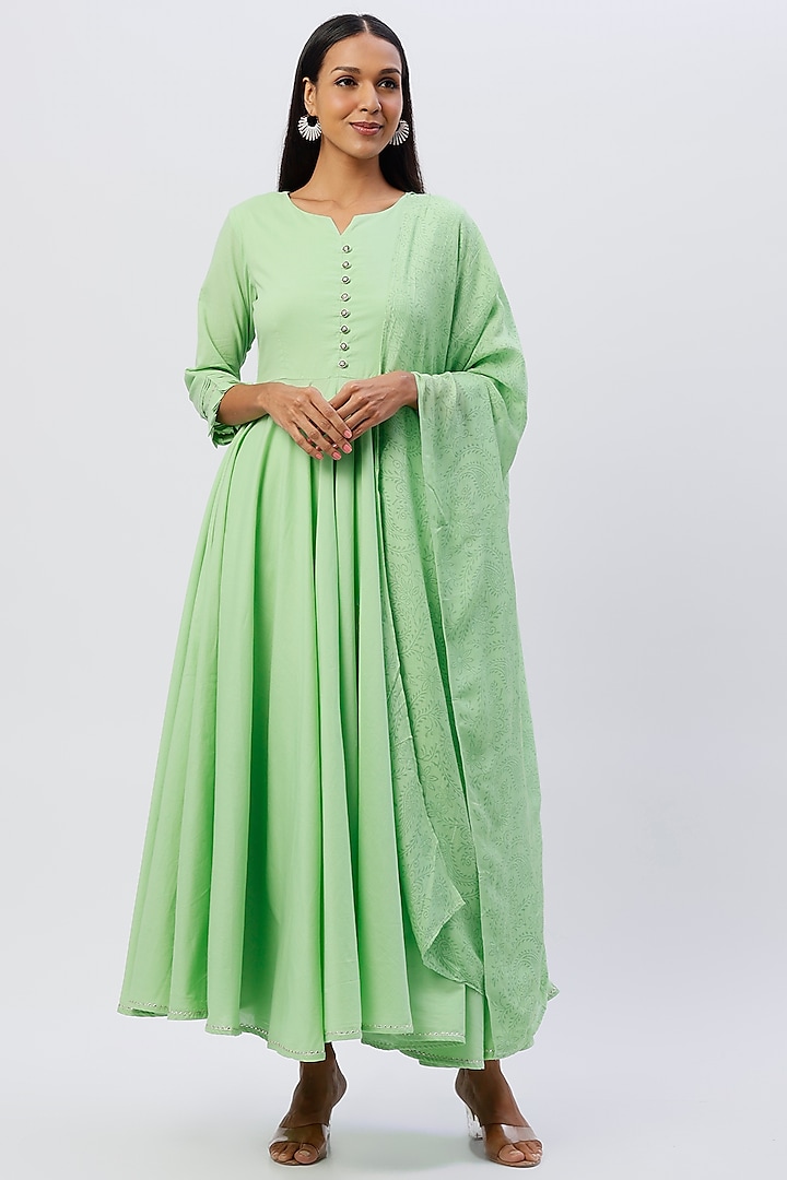 Mint Green Cotton & Viscose Anarkali Set by Kohsh