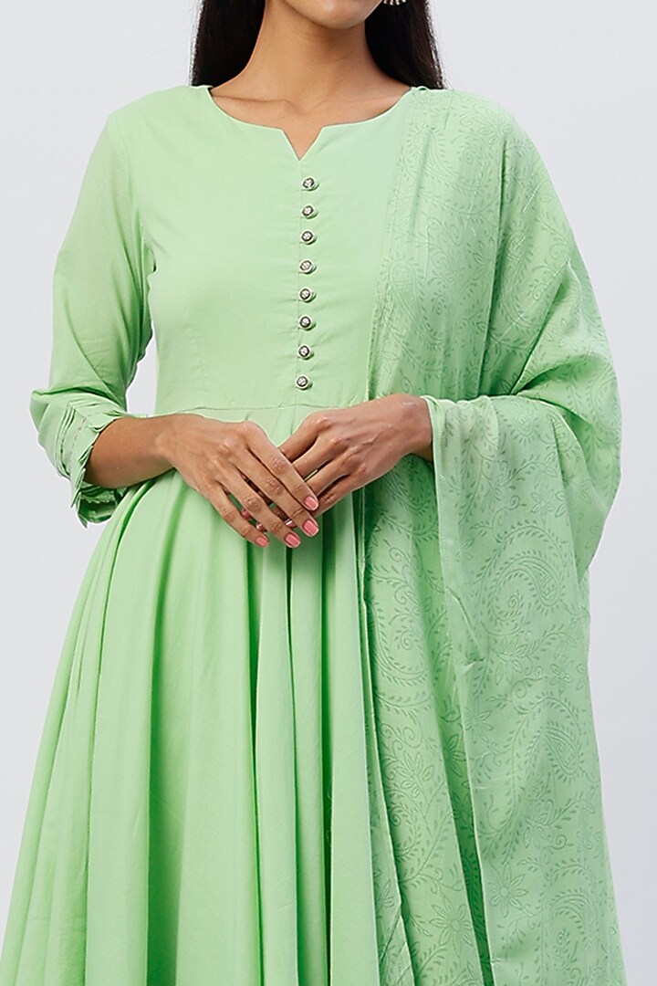 Mint Green Cotton & Viscose Anarkali Set by Kohsh at Pernia's Pop Up Shop