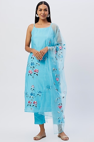 Blue Hand Painted Kurta Set by Kohsh