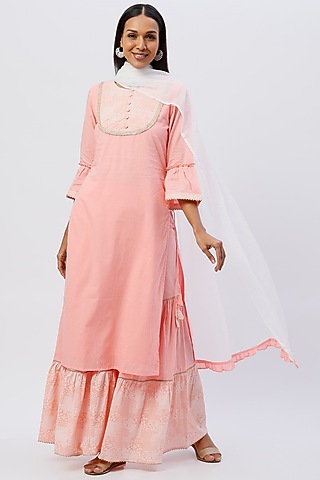 Blush Pink Cotton & Kota Doriya Sharara Set by Kohsh