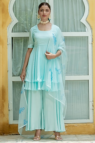 Blue Natural Crepe Sharara Set by Kohsh
