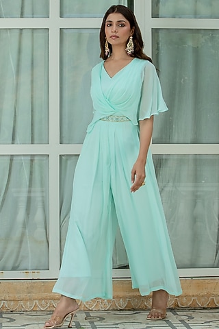 Blue Georgette Jumpsuit Set by Kohsh