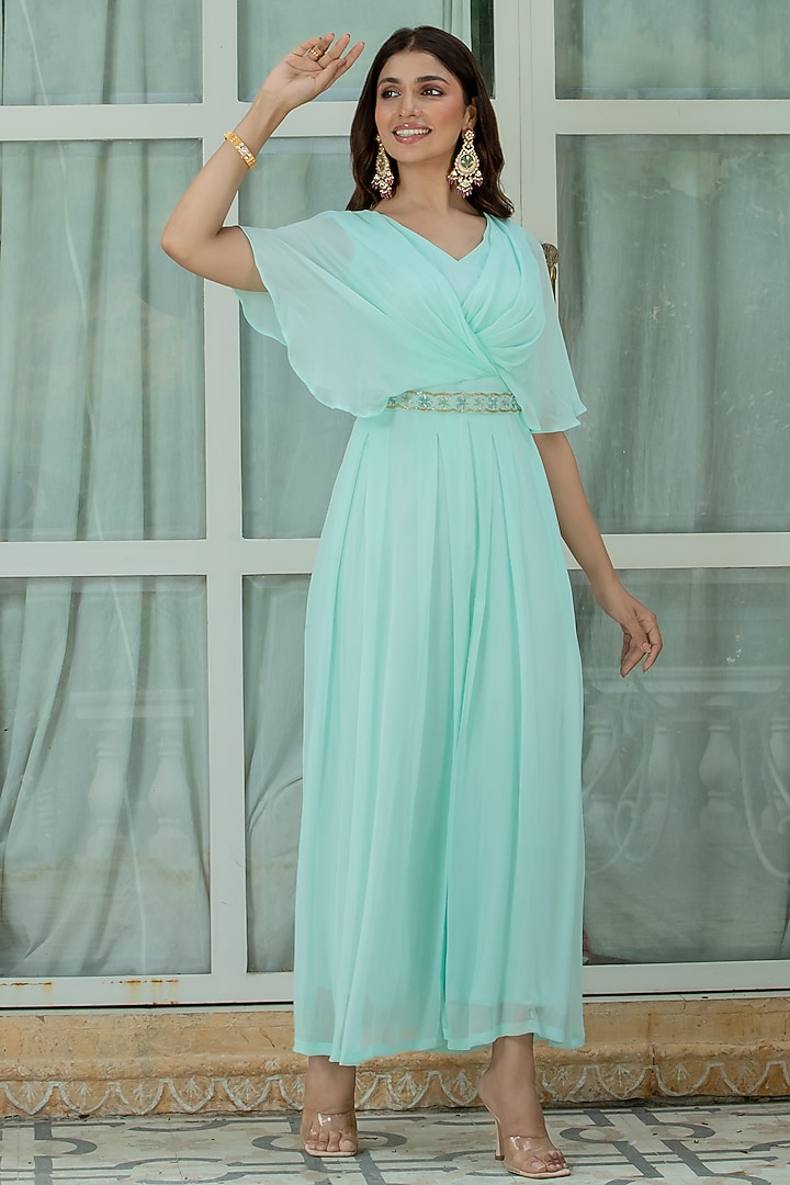 Blue Georgette Jumpsuit Set by Kohsh at Pernia's Pop Up Shop