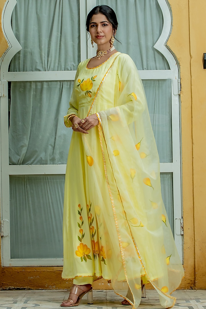 Yellow Hand Painted Anarkali Set by Kohsh