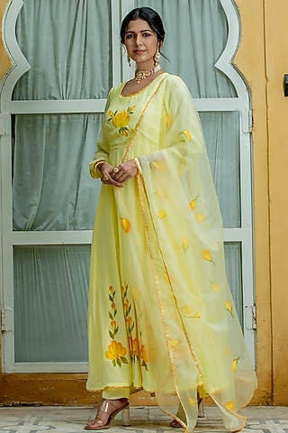 Yellow Hand Painted Anarkali Set by Kohsh