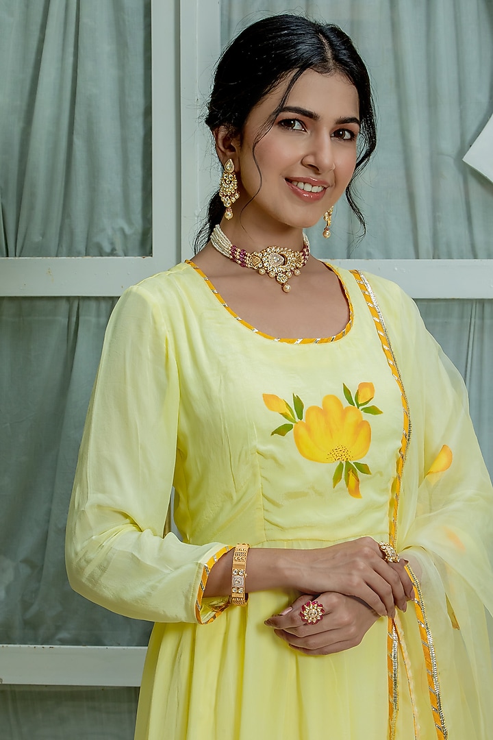 Yellow Hand Painted Anarkali Set by Kohsh at Pernia's Pop Up Shop