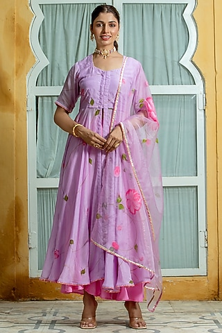 Lavender Hand Painted Anarkali Set by Kohsh