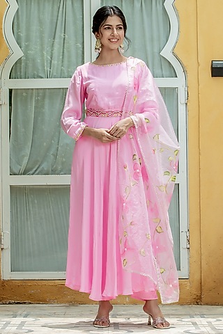 Pink Natural Crepe Anarkali Set by Kohsh