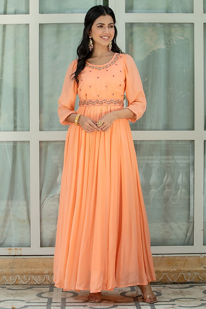 Peach Hand Embroidered Gown by Kohsh