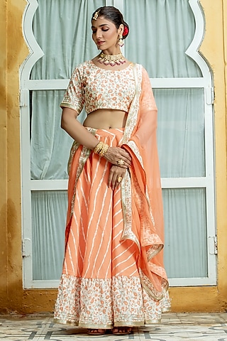 Peach Leheriya Lehenga Set by Kohsh