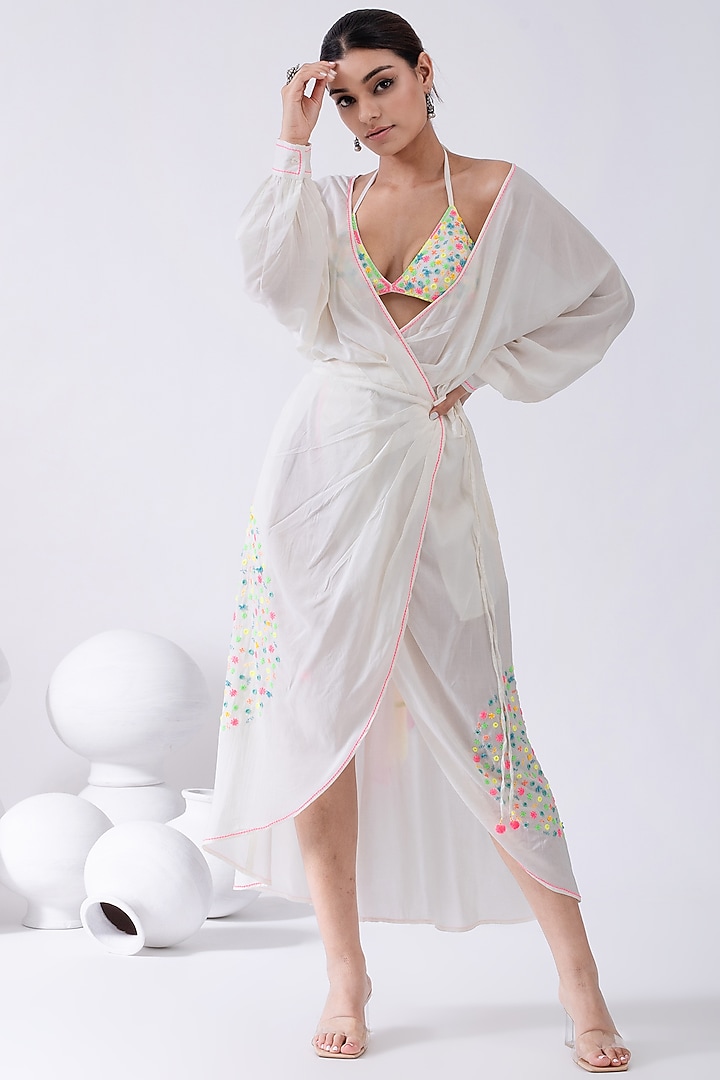 Ivory Embroidered Wrap Dress With Bralette by Kacha Tanka