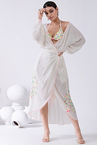 Ivory Embroidered Wrap Dress With Bralette by Kacha Tanka