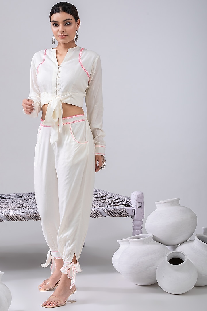 Ivory High-Waisted Dhoti Pant Set by Kacha Tanka