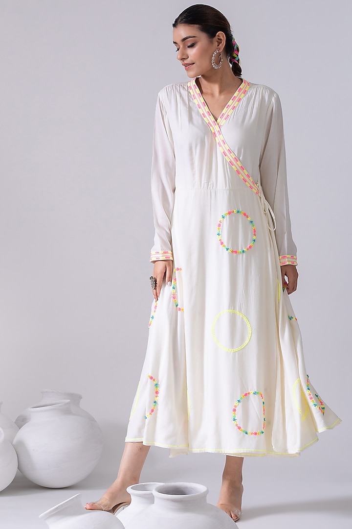 Ivory Embroidered Wrap Midi Dress by Kacha Tanka