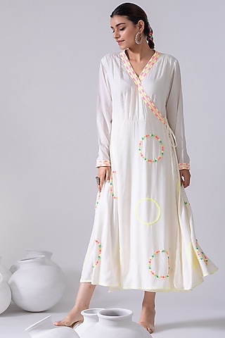 Ivory Embroidered Wrap Midi Dress by Kacha Tanka