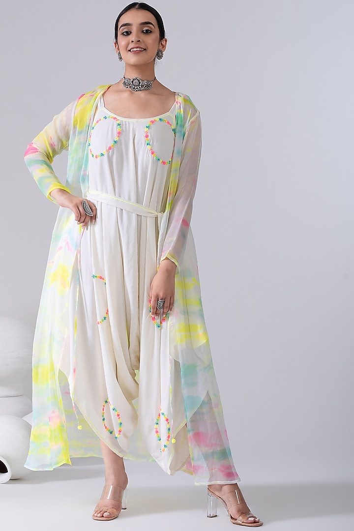 Ivory Embroidered Dhoti Jumpsuit With Tie-Dye Cape by Kacha Tanka