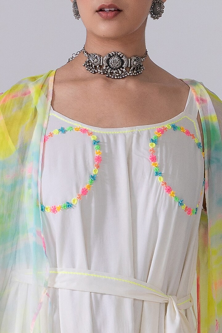 Ivory Embroidered Dhoti Jumpsuit With Tie-Dye Cape by Kacha Tanka at Pernia's Pop Up Shop