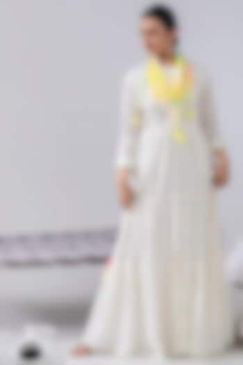 Ivory Embroidered Maxi Dress With Scarf by Kacha Tanka at Pernia's Pop Up Shop