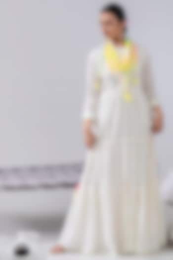 Ivory Embroidered Maxi Dress With Scarf by Kacha Tanka