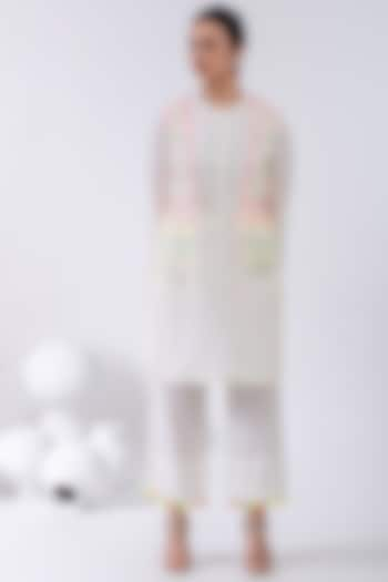 Ivory Kurta Set With Embroidered Jacket by Kacha Tanka at Pernia's Pop Up Shop