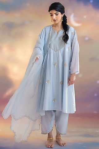 Soft Blue Chanderi Hand Embroidered Kurta Set by Kacha Tanka