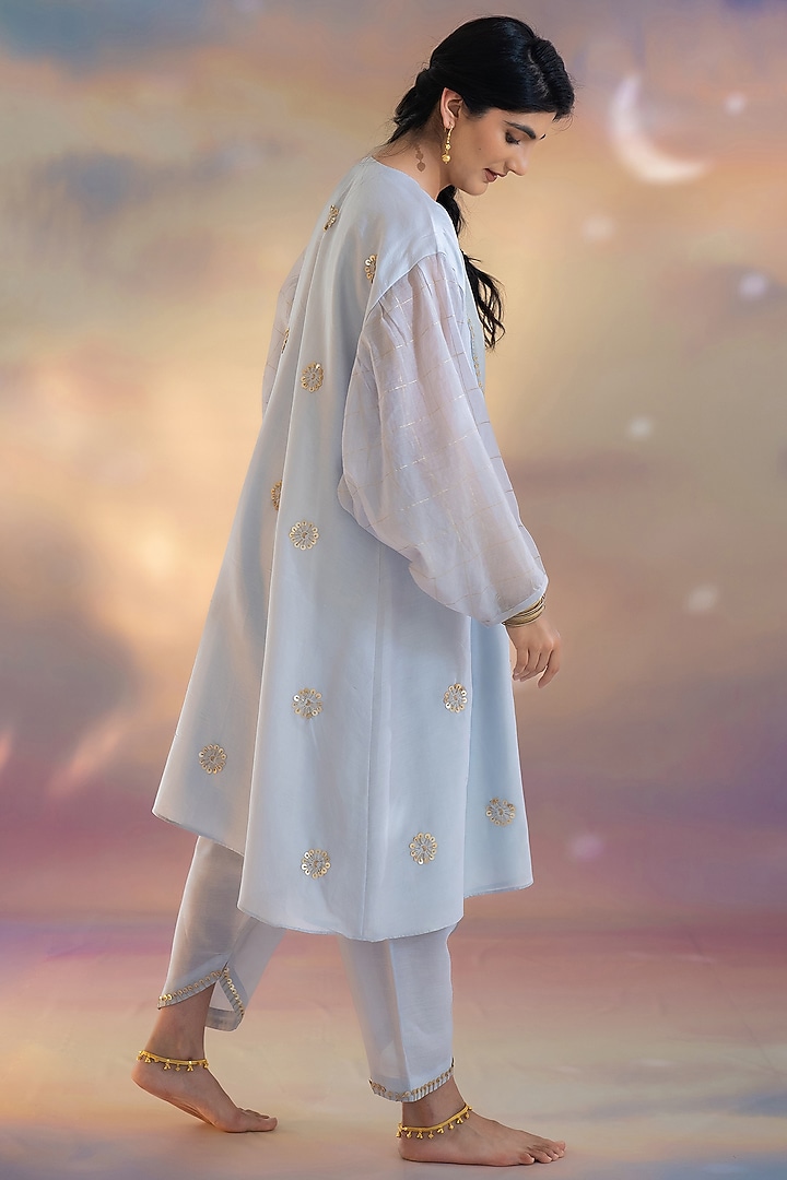 Soft Blue Chanderi Hand Embroidered Kurta Set by Kacha Tanka at Pernia's Pop Up Shop