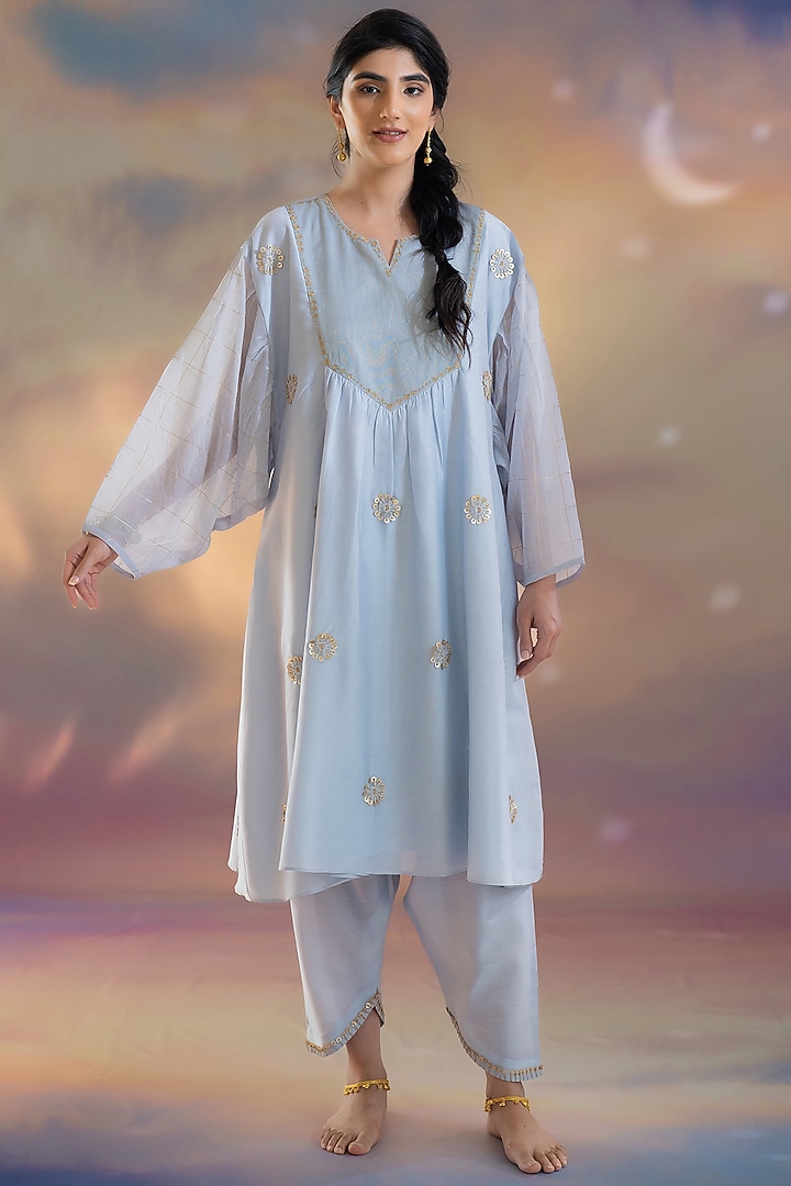 Soft Blue Chanderi Hand Embroidered Kurta Set by Kacha Tanka at Pernia's Pop Up Shop