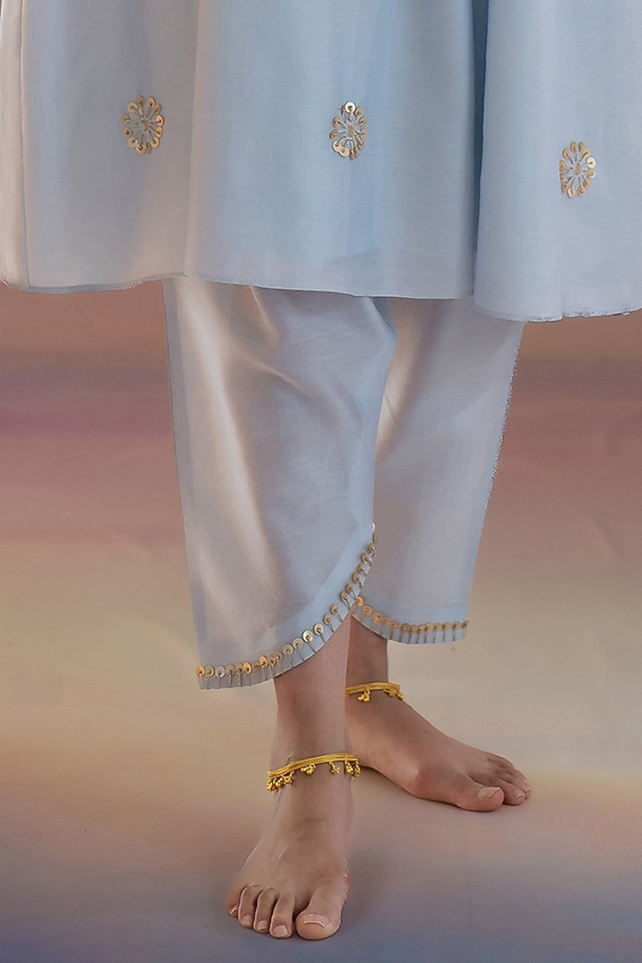 Soft Blue Chanderi Hand Embroidered Kurta Set by Kacha Tanka at Pernia's Pop Up Shop