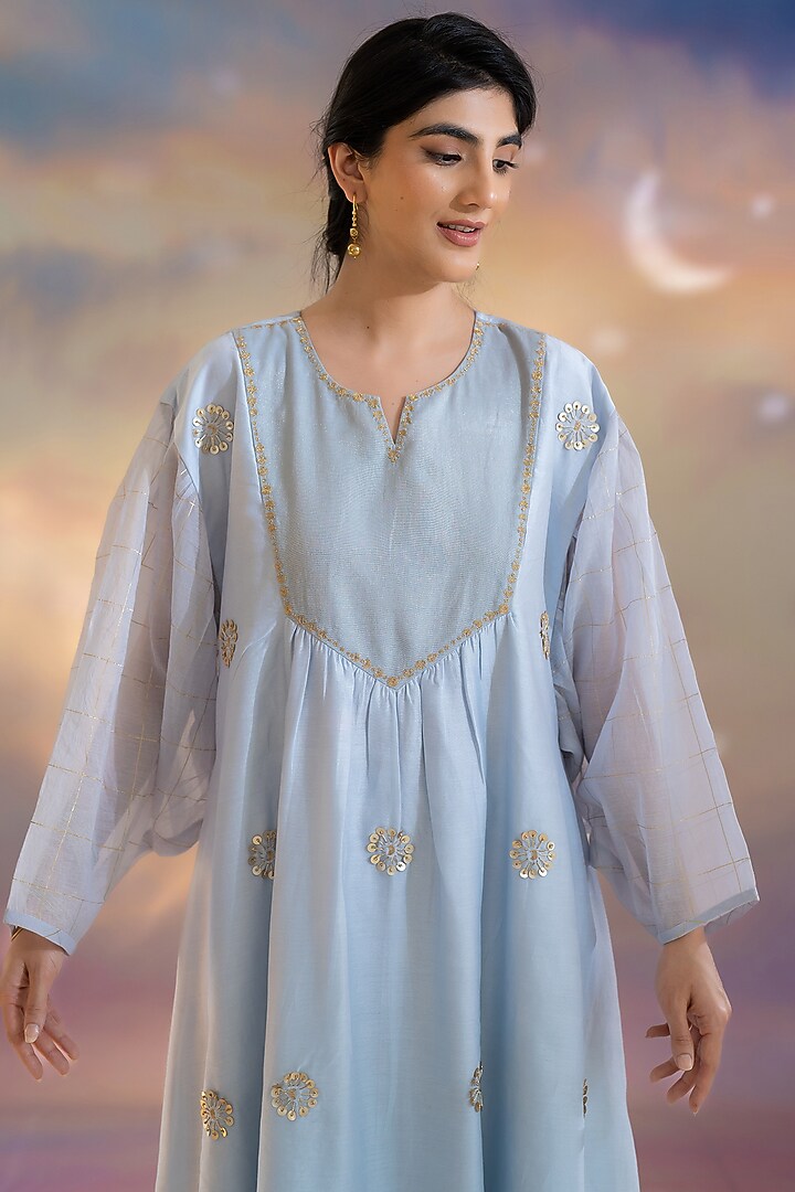 Soft Blue Chanderi Hand Embroidered Kurta Set by Kacha Tanka at Pernia's Pop Up Shop