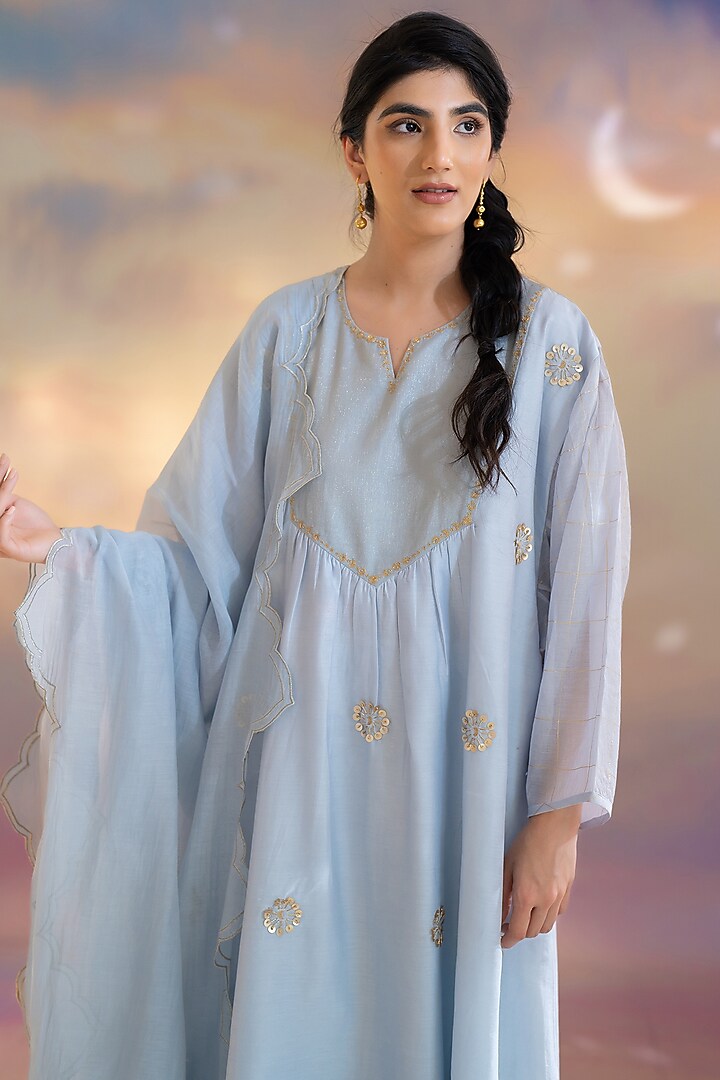 Soft Blue Chanderi Hand Embroidered Kurta Set by Kacha Tanka at Pernia's Pop Up Shop