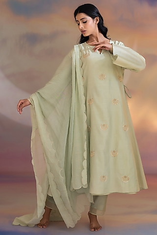 Pista Green Chanderi Hand Embroidered A-line Kurta Set by Kacha Tanka