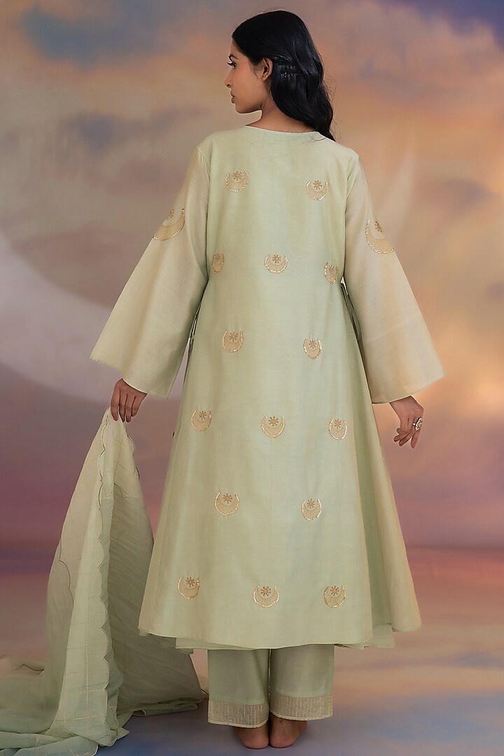 Pista Green Chanderi Hand Embroidered A-line Kurta Set by Kacha Tanka at Pernia's Pop Up Shop