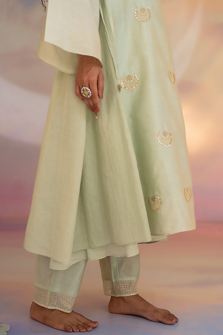 Pista Green Chanderi Hand Embroidered A-line Kurta Set by Kacha Tanka at Pernia's Pop Up Shop